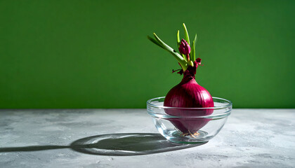 Red Onion Sprouting Green Shoots in a Glass Bowl on a Table.