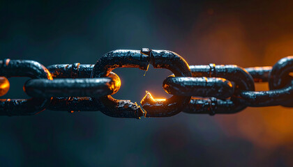 Severed metal chain with broken links, dark neutral background, dramatic and symbolic composition.
