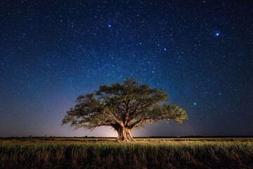 Majestic tree silhouetted against a vibrant night sky filled with countless stars