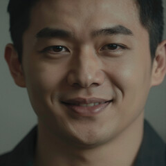 Obraz premium Close-up portrait of a smiling East Asian man with cinematic lighting and realistic skin texture