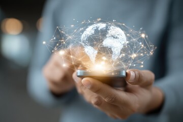 Person holding smartphone, interacting with digital globe connected by network of glowing lines