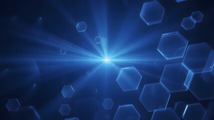 Brilliant blue light beam illuminates numerous floating transparent hexagonal shapes in a dark digital space creating a futuristic and technological visual effe