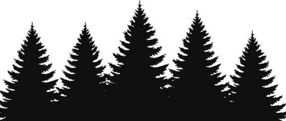 Black Silhouette of Five Evergreen Pine Trees in a Row © Hens Craft