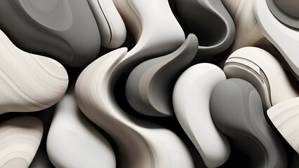 Abstract image featuring smooth, flowing, and sculptural shapes in various shades of grey and white, creating a mesmerizing and harmonious artistic composition of forms and lines