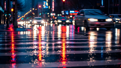 Rainy City Traffic with Light Reflections at Night