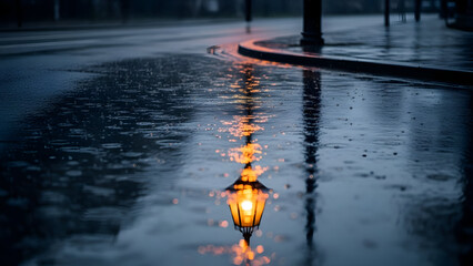 Rain Reflection on Empty Street at Night