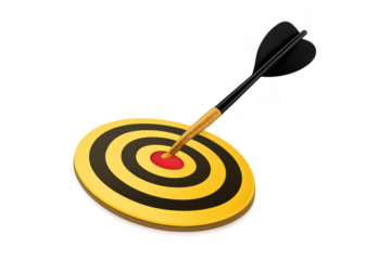 Dart hitting bullseye, achieving business goals with precision, reaching success and target on transparent background