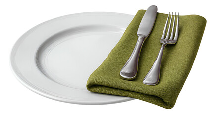Simple dining setting a white plate, green napkin, knife, and fork arranged on black