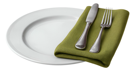 Simple dining setting a white plate, green napkin, knife, and fork arranged on black