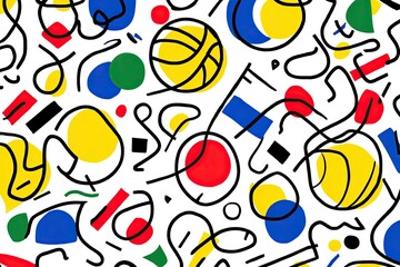 Abstract pattern of colorful shapes, lines, and forms on a white background