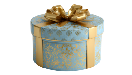 Elegant round gift box, light blue with ornate gold detailing and a large, golden bow