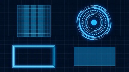 Futuristic neon blue interface elements on dark grid background