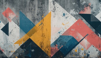 Abstract geometric composition of layered triangles on a weathered, textured surface