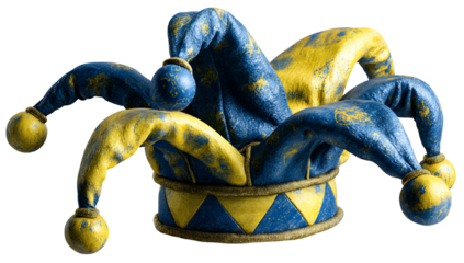 A detailed image of a colorful, textured jester hat with bells and conical points