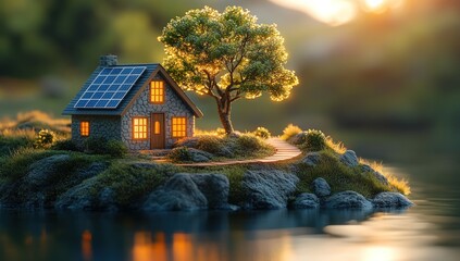 Stone house with solar panels & glowing windows on a tiny island, next to a sunlit tree at golden hour