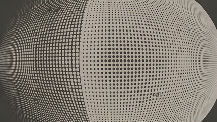 Abstract halftone dot pattern with a curved spherical distortion creating a modern digital gradient background in shades of grey and beige