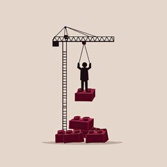 Silhouette of a person lifted by a crane, placing a block on a tower of blocks