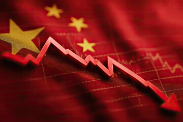 Red arrow charts downward trend against Chinese flag backdrop, hinting economic decline
