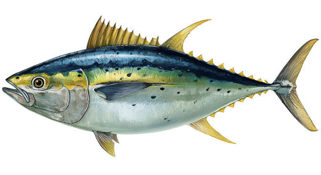 Colorful fish illustration, showing a tuna in side profile against a stark black background