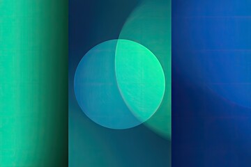 Abstract geometric composition featuring overlapping circles and gradients of blue-green hues