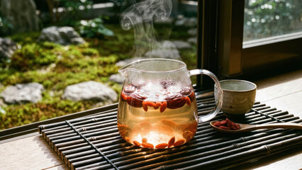 Steaming Herbal Tea Infusion With Antioxidant Goji Berries And Red Dates In Glass Teapot On Bamboo Mat In Garden