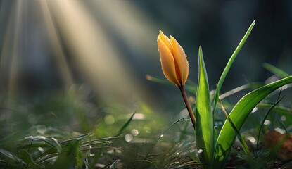 A single yellow tulip in sunlight, surrounded by green grass and sparkling dew