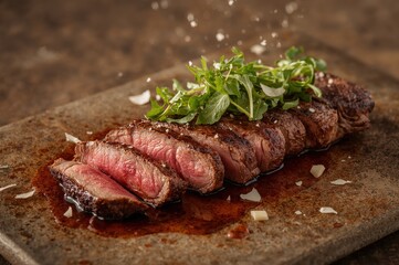 Perfect tagliata slices fan across stone plate beneath falling arugula and delicate Parmesan