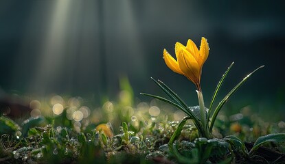 Golden crocus bathed in dappled sunlight amid dew-kissed spring greenery