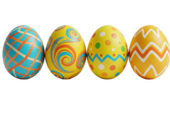 Five brightly colored Easter eggs with intricate patterns, arranged diagonally on a transparent background, soft shadows, detailed and vibrant still life. Easter celebration atmosphere