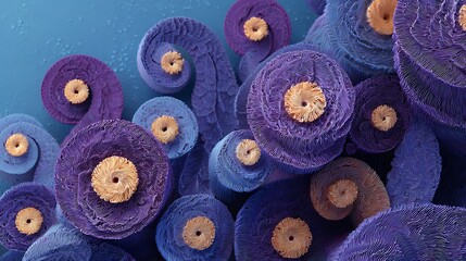 Vibrant purple and blue spiral formations with yellow centers on a gradient blue background creating a mesmerizing abstract pattern with swirling