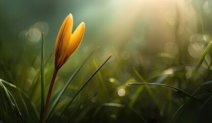 A single yellow flower bud in a field of vibrant green grass, bokeh effect