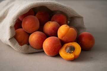 Fresh apricots spill from linen bag with one torn open in warm sunlight