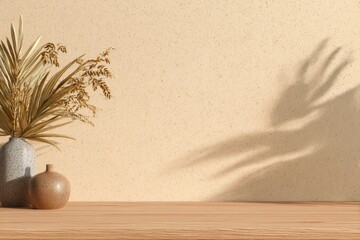 Still life of decorative vase and foliage on wooden surface against textured wall shadow