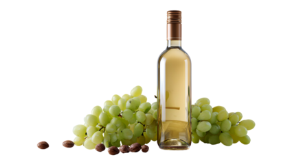 A bottle of pale wine with green grapes and nuts on a dark background