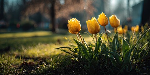 Close-up of yellow tulips basking in golden sunlight against a blurred park background