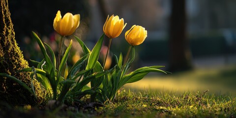 Three vibrant yellow flowers illuminated by sunlight, set against a blurred background