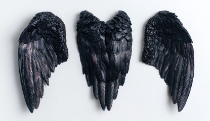 Three black feathered wings arranged on a white background, one in the center