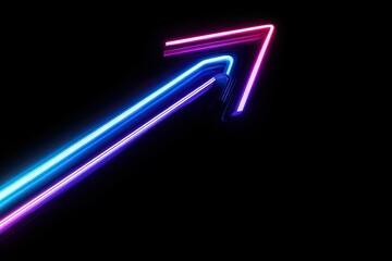 Illuminated neon arrow, pointing upwards, formed by vibrant streaks against a black background