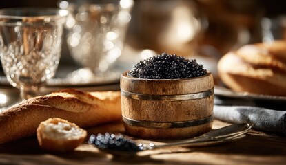 A wooden bowl filled with black caviar, bread, and silverware on a table
