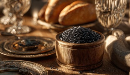 Gourmet table setting with caviar in wooden bowl, breads, and ornate tableware