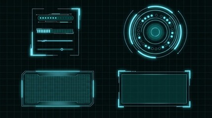 Futuristic neon blue digital interface elements on dark grid background