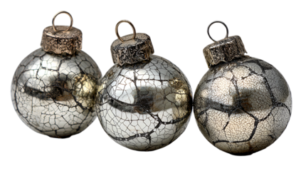 Three spherical ornaments with silver crackle finish and metal caps, isolated