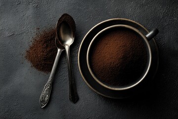 Overhead shot of a cup filled with powder, spoons, and a pile of it on a dark surface