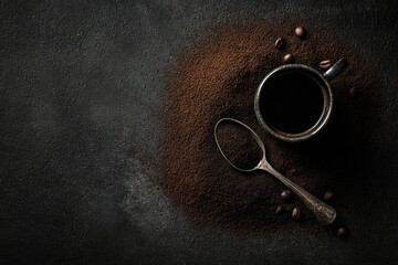 Overhead view of a coffee cup, spoon, beans, and grounds on a dark, textured surface
