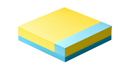 Isometric view of a layered abstract box shape with yellow and blue planes