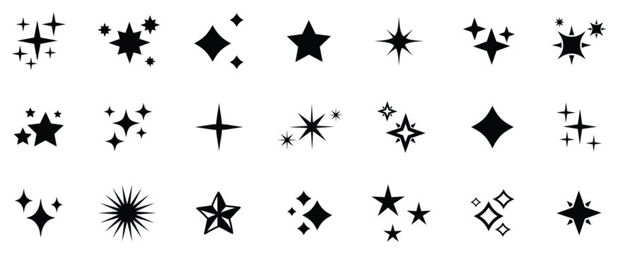 Star icons. Twinkling stars. Sparkles, shining burst. Christmas vector symbols isolated. Retro futuristic sparkle icons collection.
