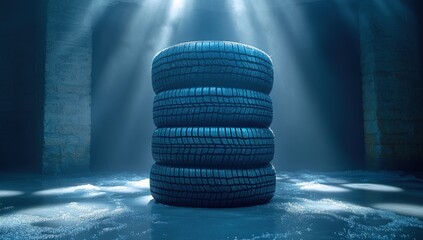 Stack of four dark vehicle tires illuminated by dramatic light beams in a gritty, atmospheric concrete space