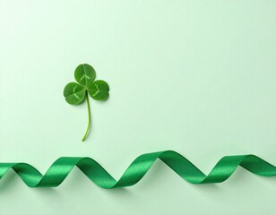Single vibrant green three leaf clover represents good fortune and Irish tradition, gracefully placed above a flowing emerald ribbon on a light pastel background