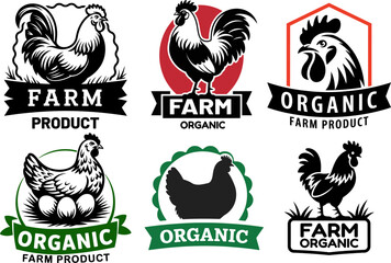 Collection of Organic Farm Poultry Logos Featuring Roosters and Hens