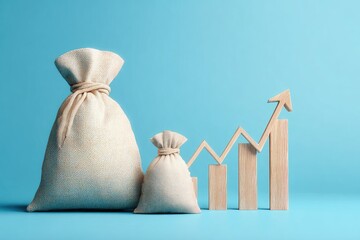Two money bags and a wooden arrow chart indicate increasing financial growth